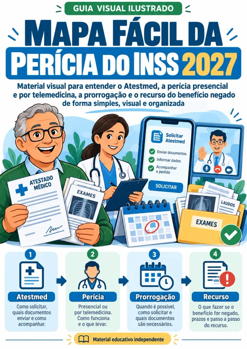 Mapa visual: capa do Mapa Fácil da Perícia do INSS 2027